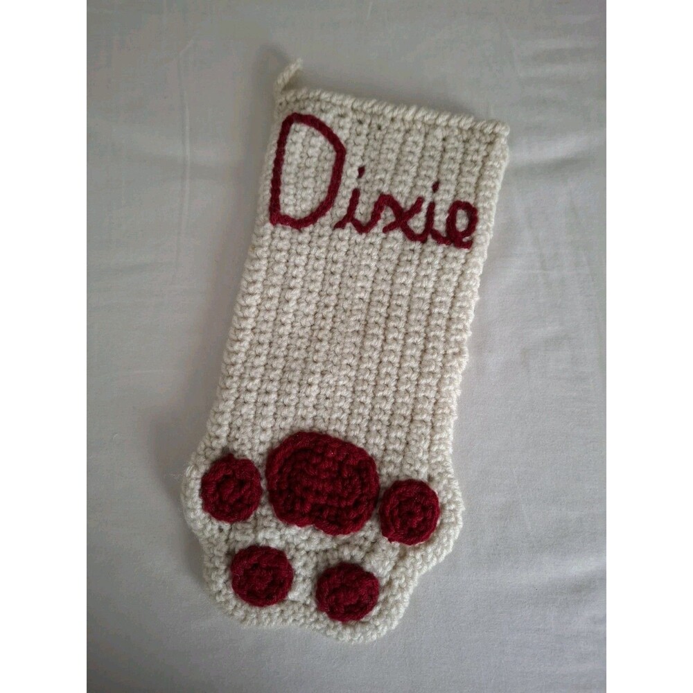 Handknit Paw Print Dog Knit Christmas Stocking Holiday Named "Dixie" New 12"